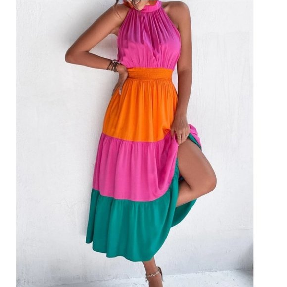 Boho Multi Color Shirred Halter Ruffle Hem Maxi Dress - Picture 5 of 6